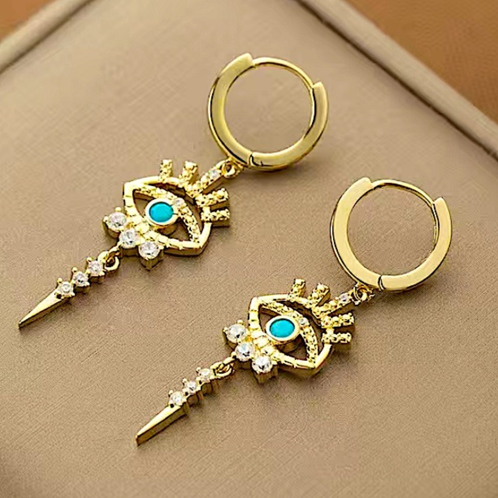 Gold 14K Evil Eye Hoop Zircon Drop Dangling Minimalist Earrings - Picture 4 of 8